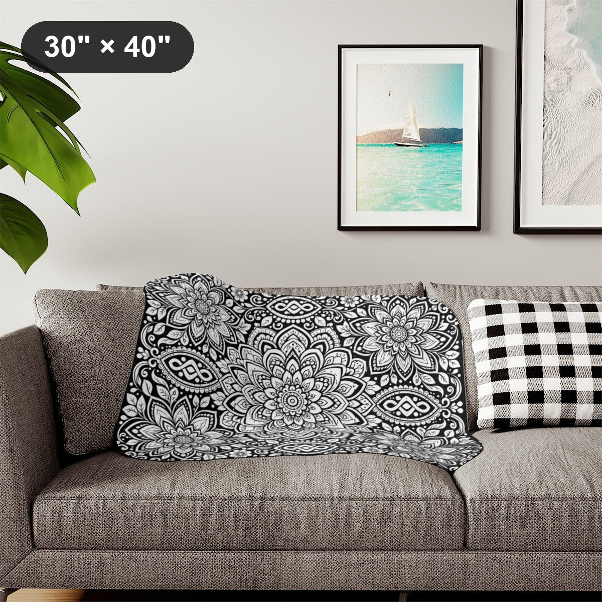 Lotus Bloom Mandala Sherpa Blanket kit shown in a lifestyle mockup - styled in a living room - 30" × 40"