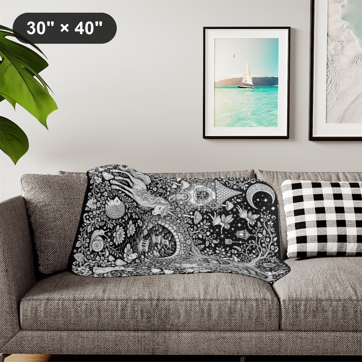 Mushroom Woodland Unicorn Sherpa Blanket kit shown in a lifestyle mockup - styled in a living room - 30" × 40"