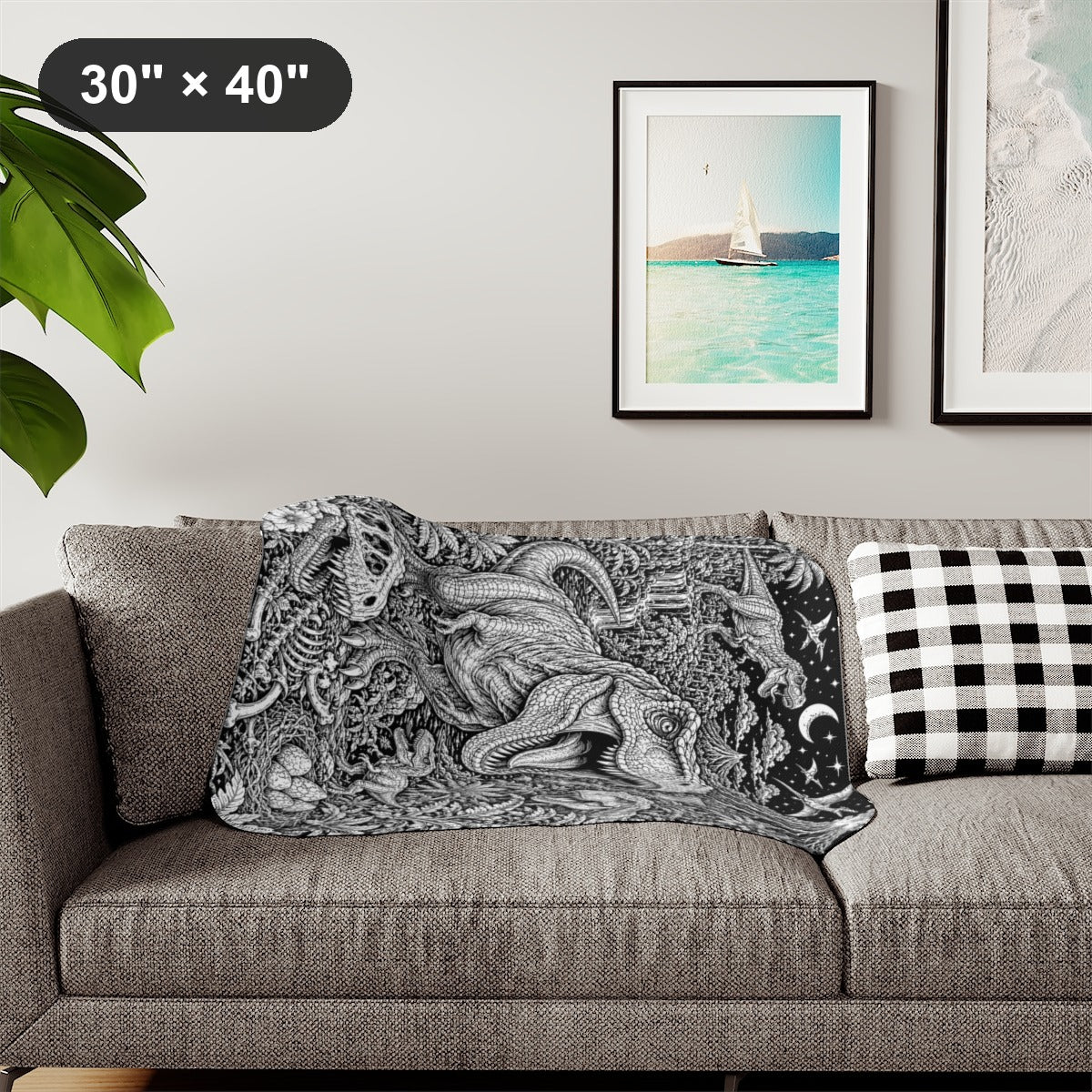 Dinosaur Volcano Valley Sherpa Blanket kit shown in a lifestyle mockup - styled in a living room - 30" × 40"
