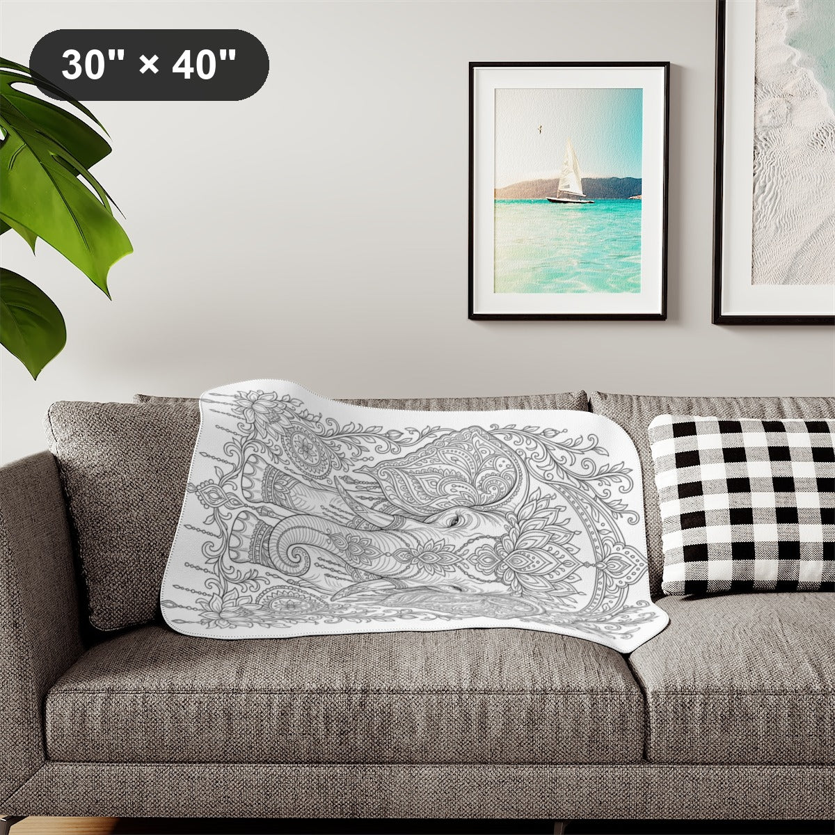 Ornate Elephant Lotus Garden Sherpa Blanket kit shown in a lifestyle mockup - styled in a living room - 30" × 40"