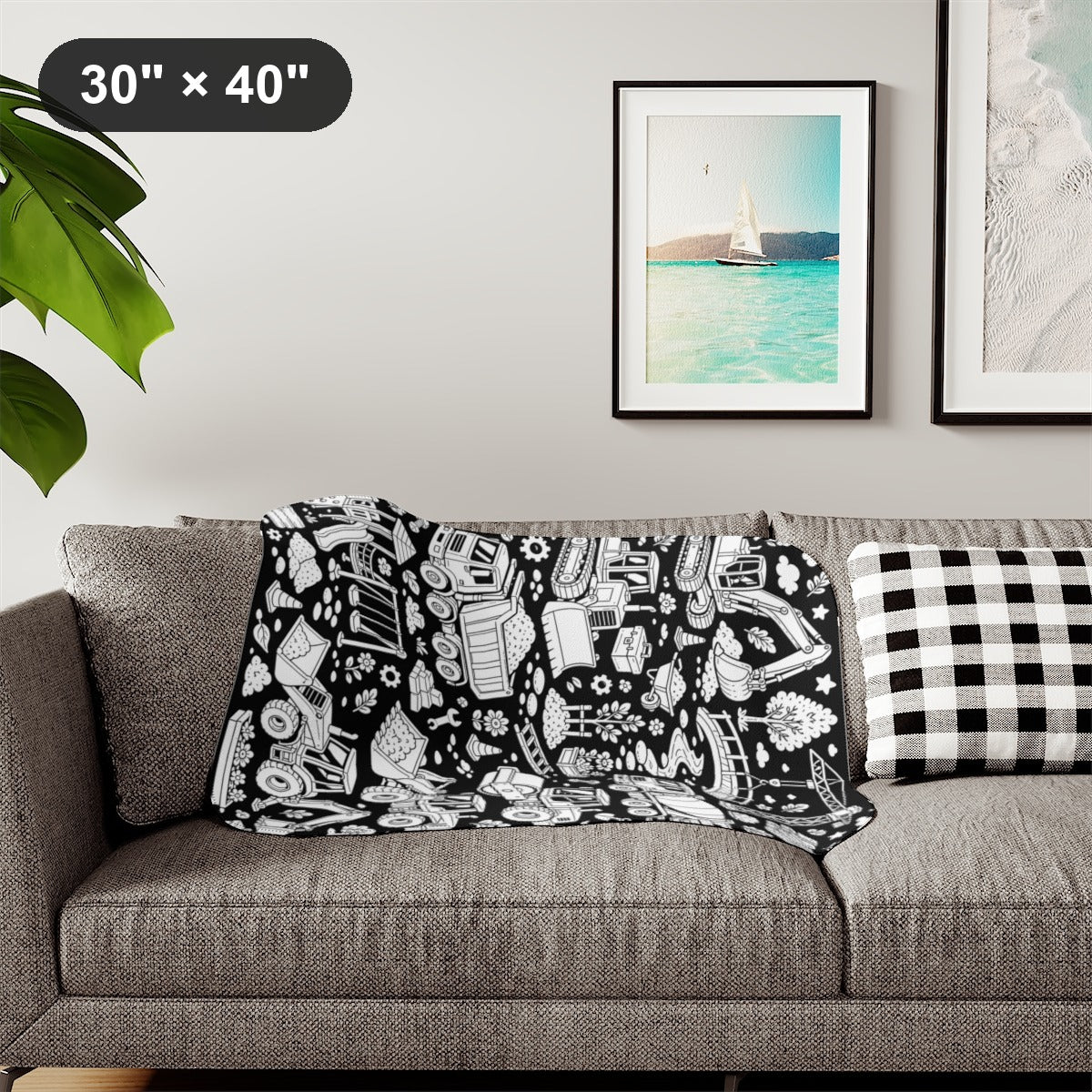 Construction Site Machines Sherpa Blanket kit shown in a lifestyle mockup - styled in a living room - 30" × 40"