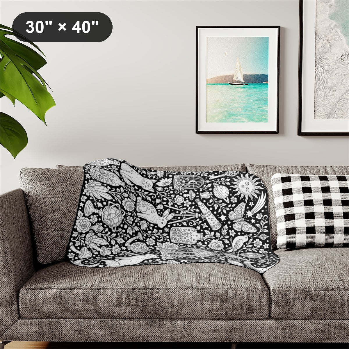 Celestial Fantasy Sherpa Blanket kit shown in a lifestyle mockup - styled in a living room - 30" × 40"
