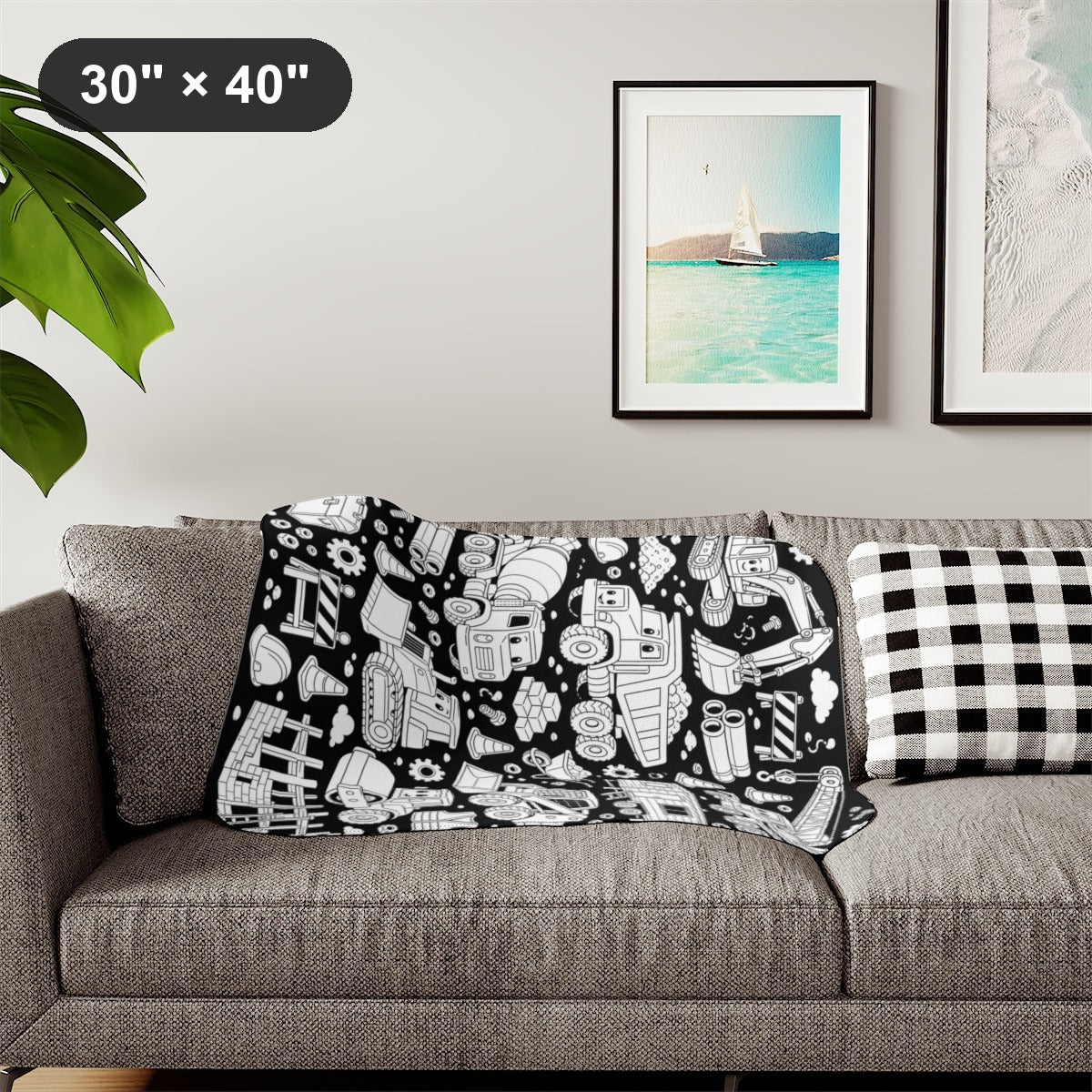 Happy Construction Trucks Sherpa Blanket kit shown in a lifestyle mockup - styled in a living room - 30" × 40"