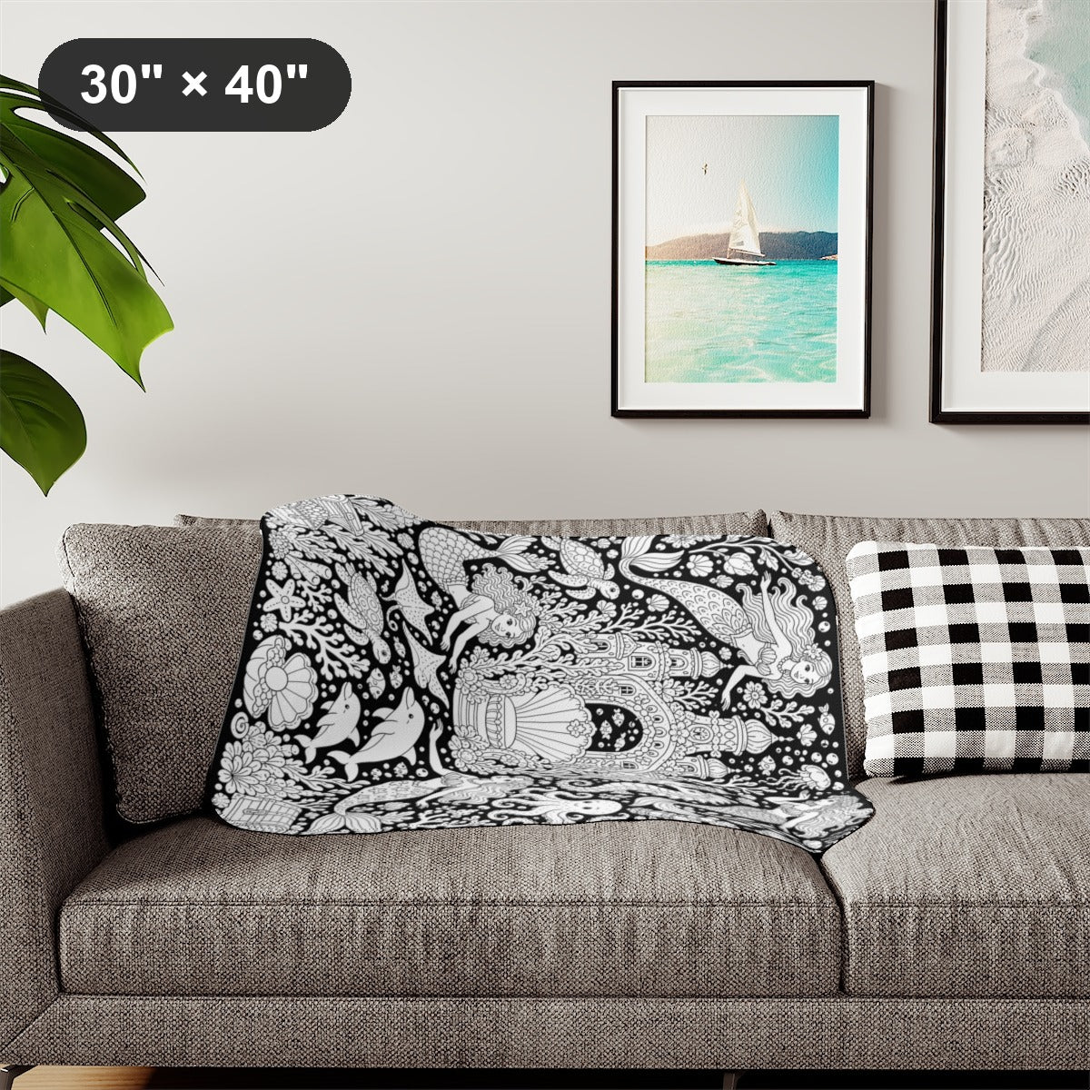 Mermaid Coral Kingdom Sherpa Blanket kit shown in a lifestyle mockup - styled in a living room - 30" × 40"
