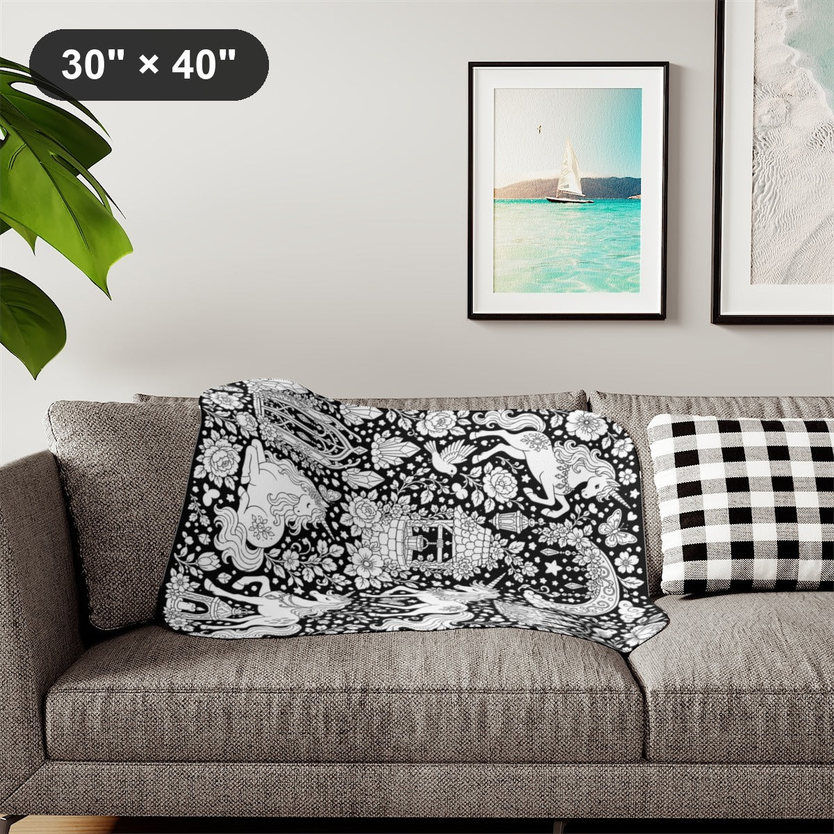 Unicorn Meadow Sherpa Blanket kit shown in a lifestyle mockup - styled in a living room - 30" × 40"