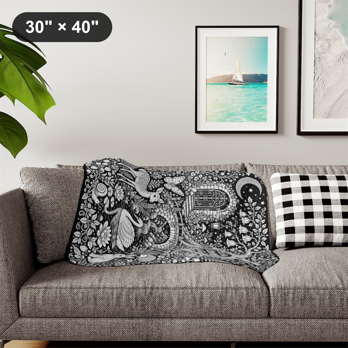 Moonlit Woodland Pond Sherpa Blanket kit shown in a lifestyle mockup - styled in a living room - 30" × 40"
