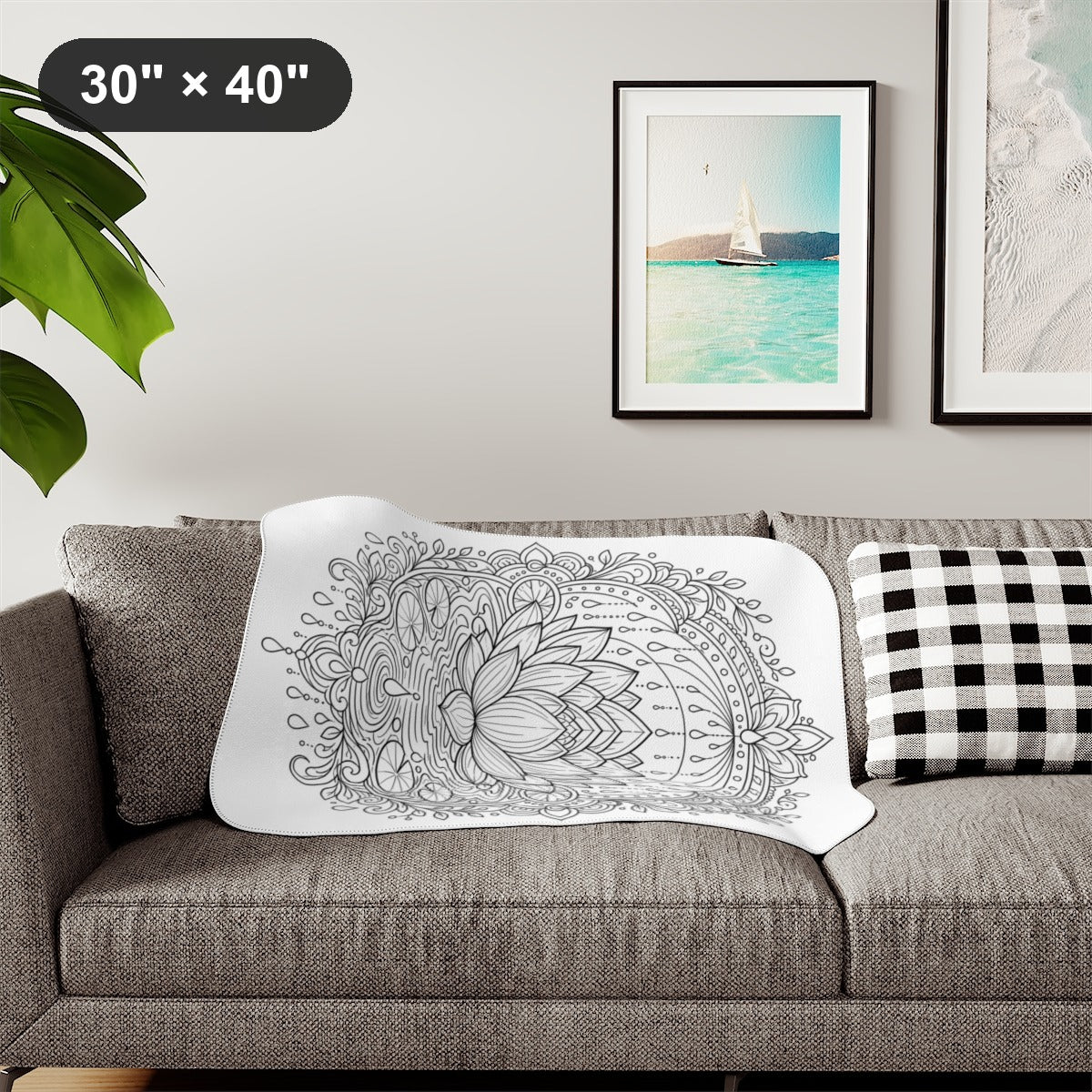 Zen Lotus Rain Mandala Sherpa Blanket kit shown in a lifestyle mockup - styled in a living room - 30" × 40"