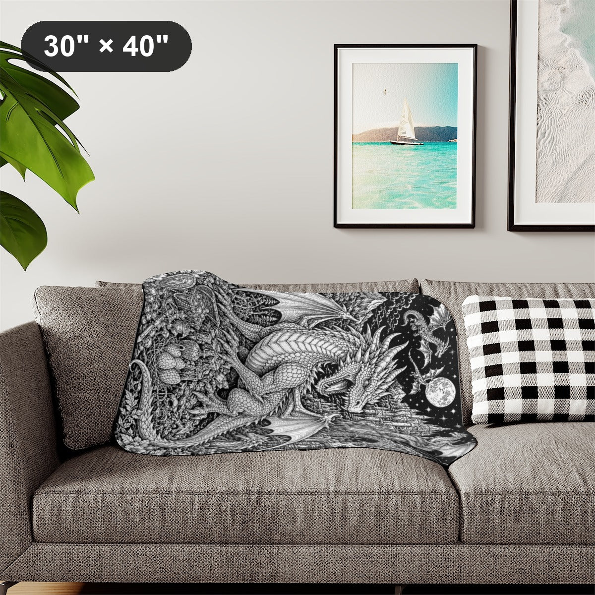 Moonlit Dragon Castle Sherpa Blanket kit shown in a lifestyle mockup - styled in a living room - 30" × 40"