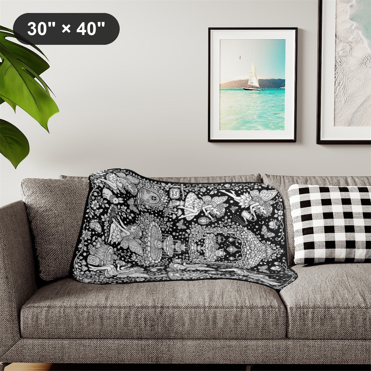 Fairy Garden Tea Party Sherpa Blanket kit shown in a lifestyle mockup - styled in a living room - 30" × 40"