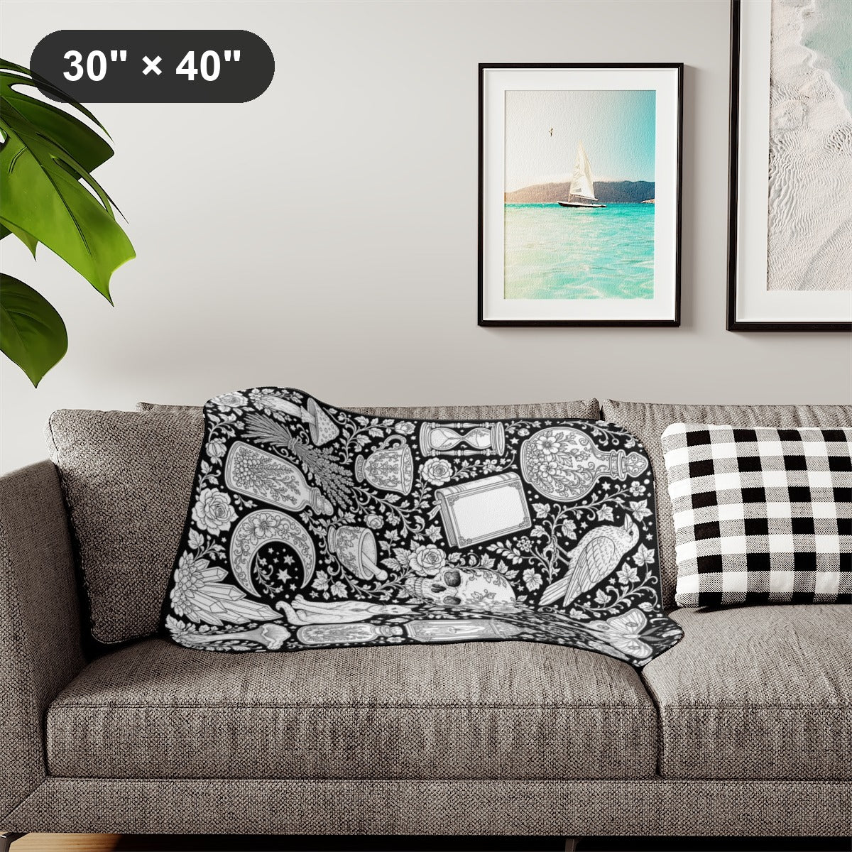 Gothic Apothecary Sherpa Blanket kit shown in a lifestyle mockup - styled in a living room - 30" × 40"