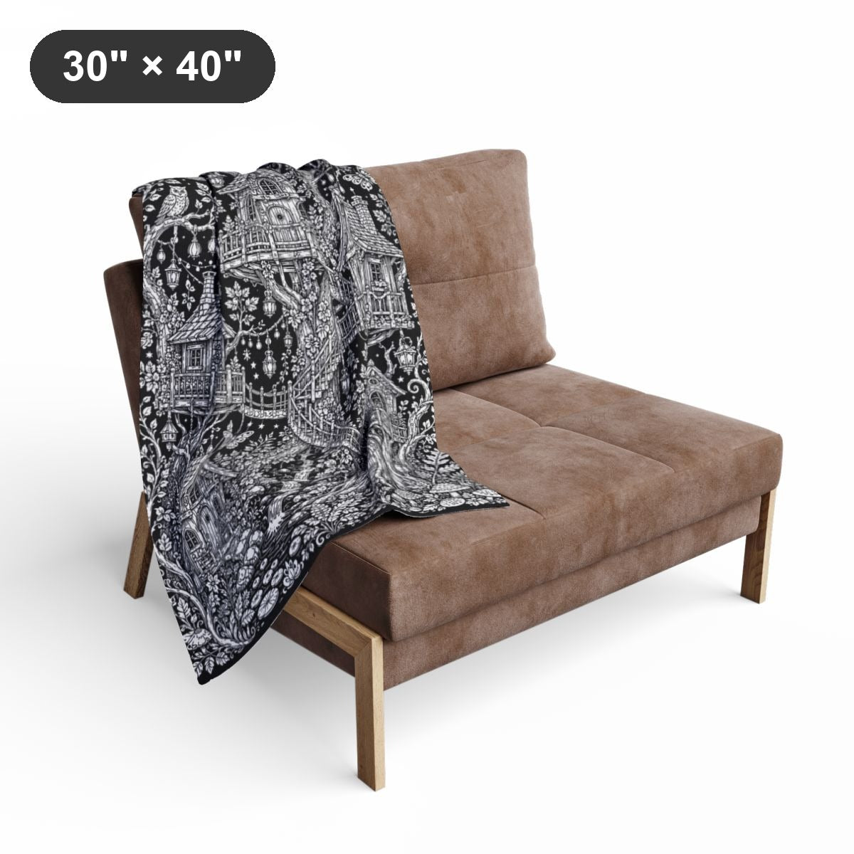 Moonlit Fairy Treehouse Village Fleece Blanket kit shown in a lifestyle mockup - styled in a living room - 30" × 40"