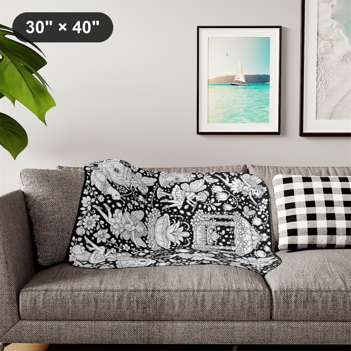 Fairy Garden Festival Sherpa Blanket kit shown in a lifestyle mockup - styled in a living room - 30" × 40"