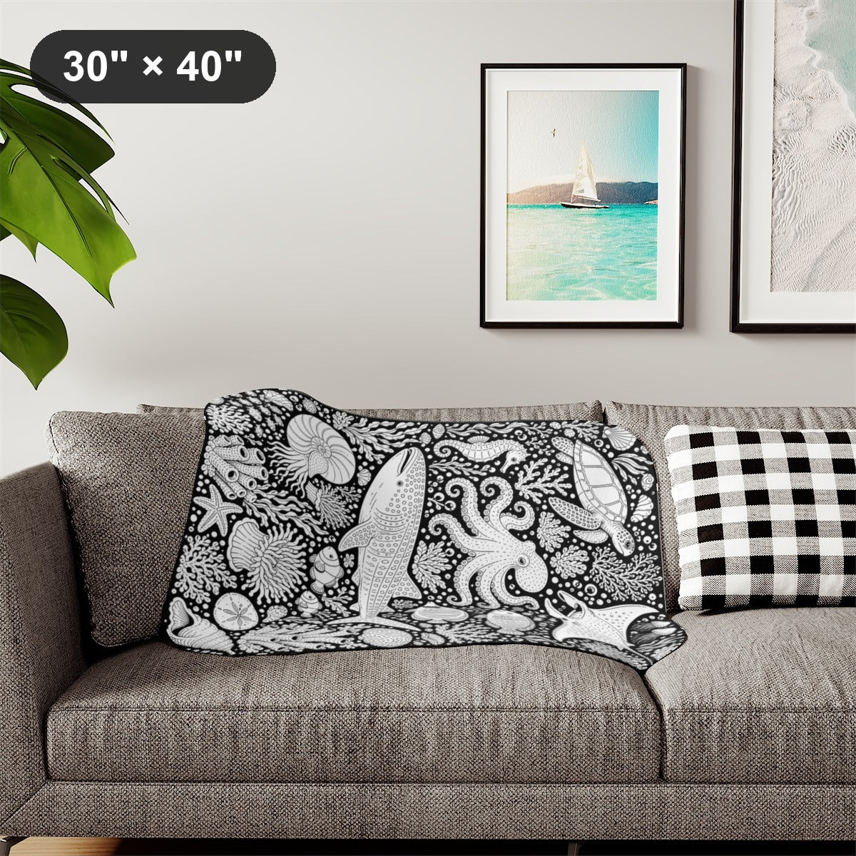Tropical Coral Reef Sherpa Blanket kit shown in a lifestyle mockup - styled in a living room - 30" × 40"