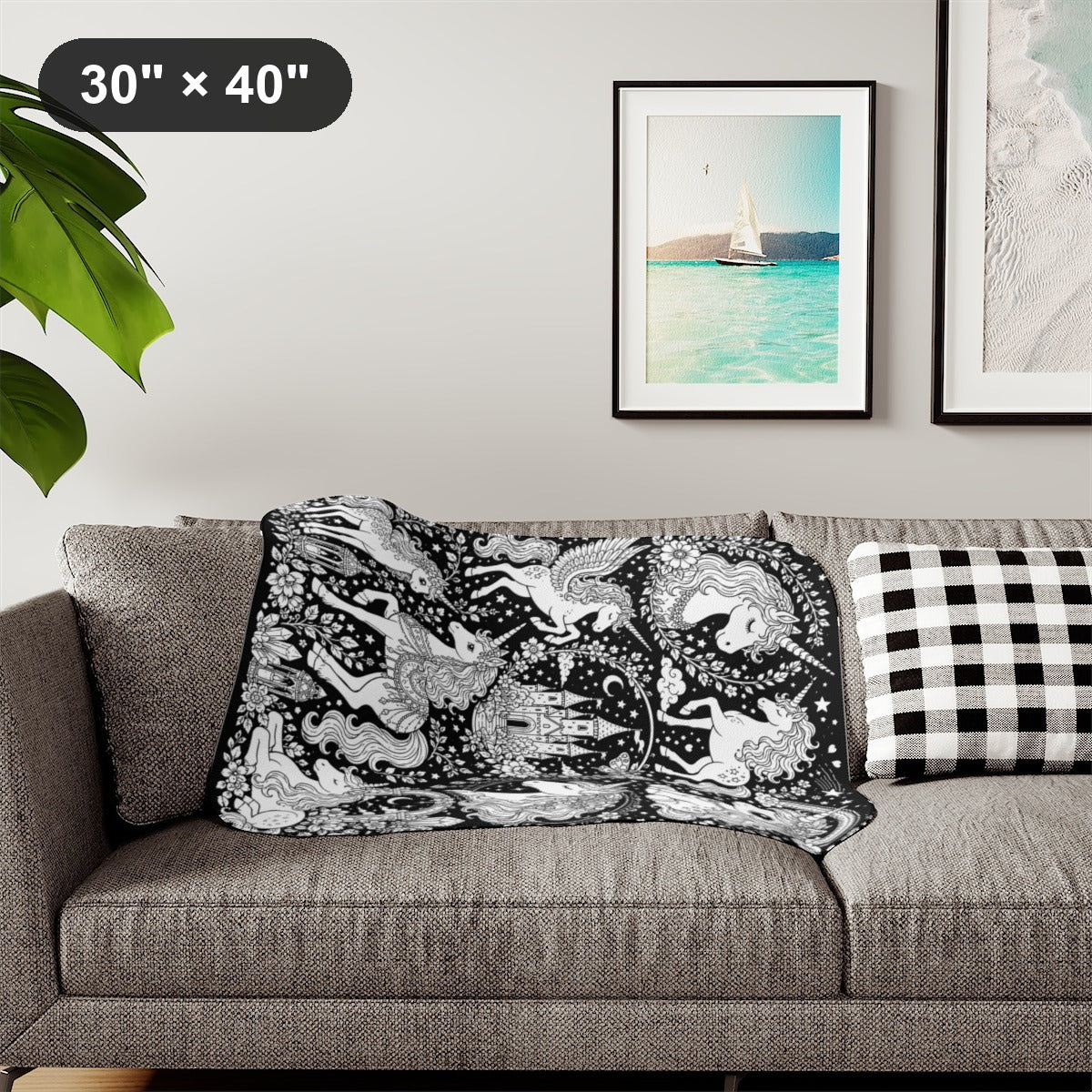 Rainbow Unicorn Dreamscape Sherpa Blanket kit shown in a lifestyle mockup - styled in a living room - 30" × 40"