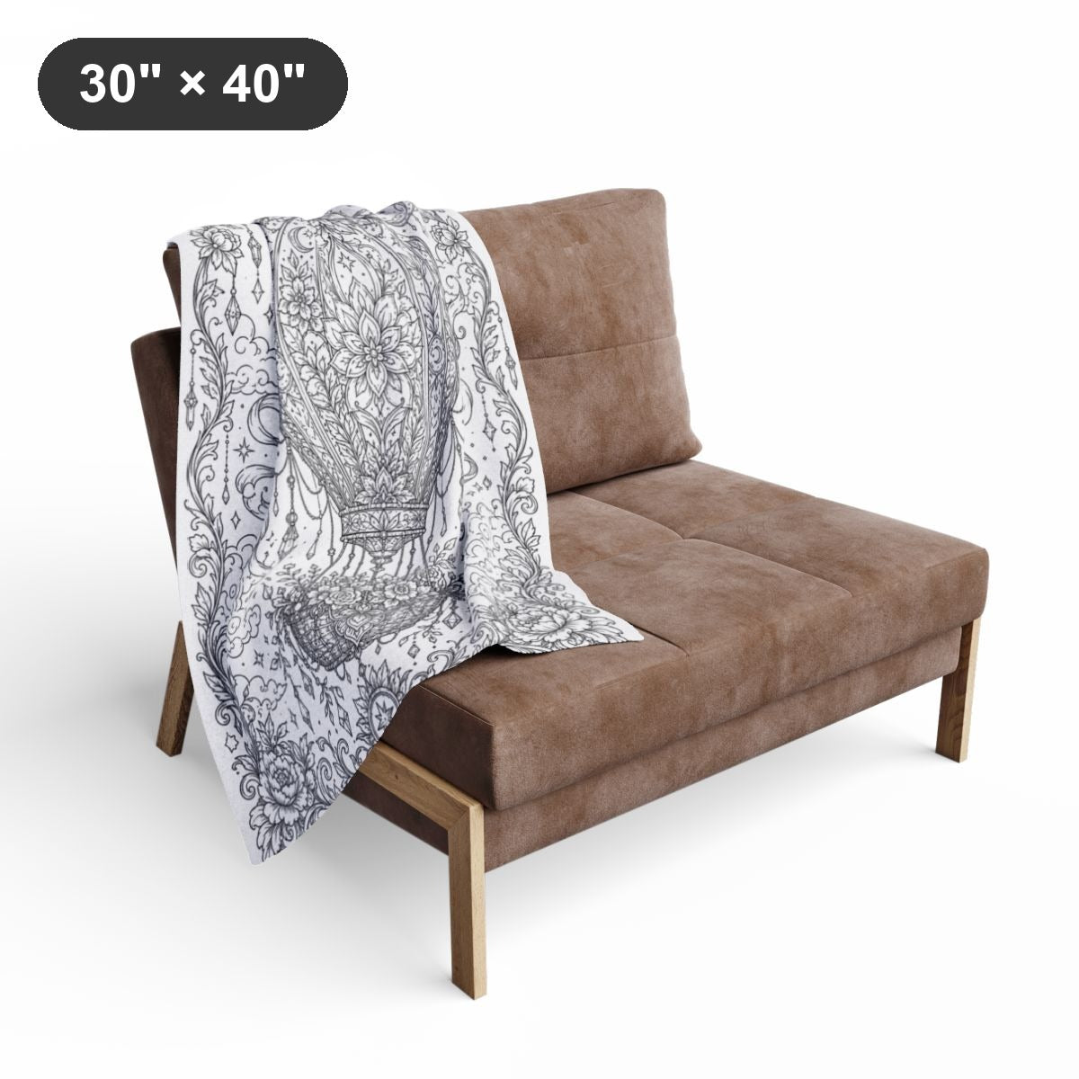 Celestial Hot Air Balloon Fleece Blanket kit shown in a lifestyle mockup - styled in a living room - 30" × 40"