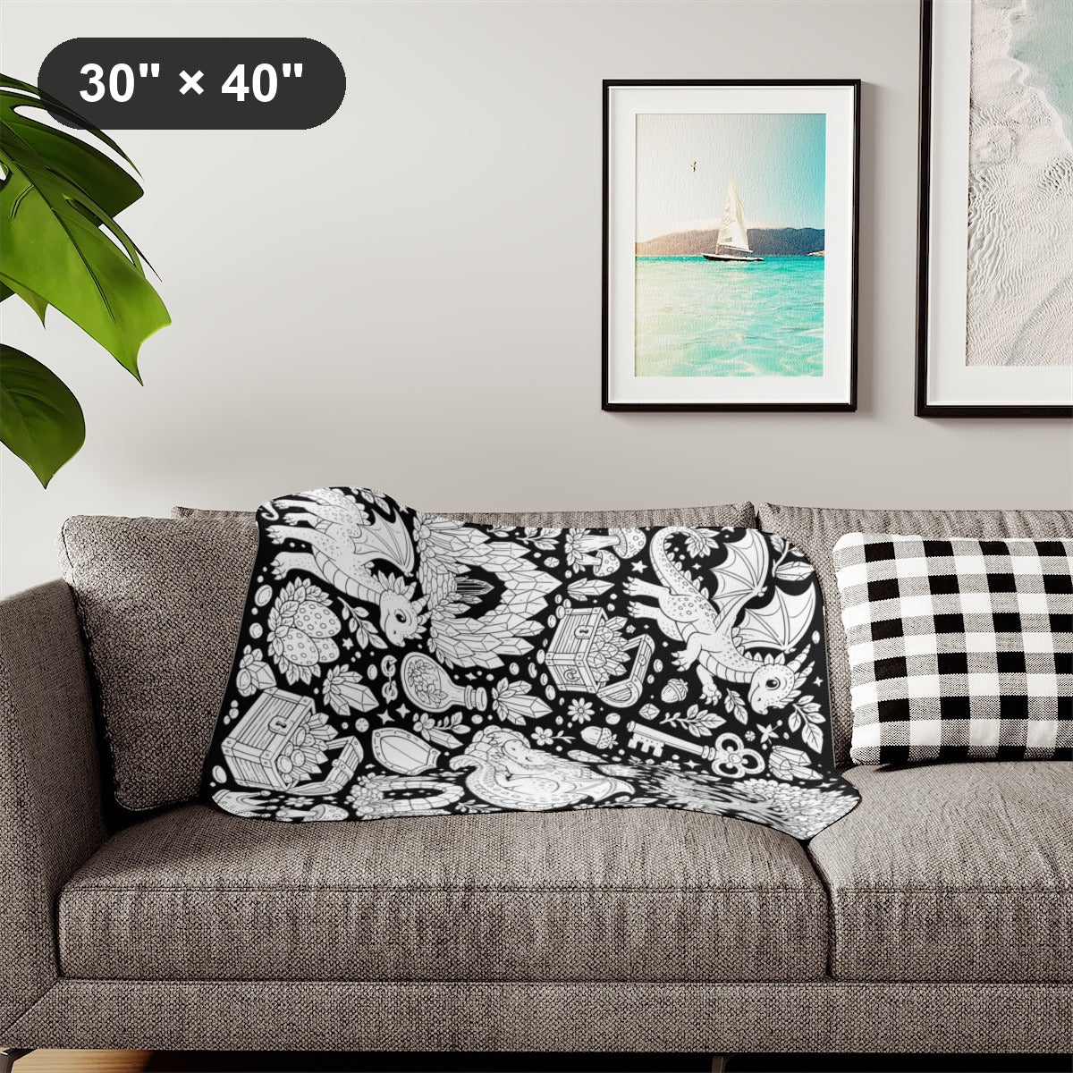 Baby Dragon Treasure Grove Sherpa Blanket kit shown in a lifestyle mockup - styled in a living room - 30" × 40"