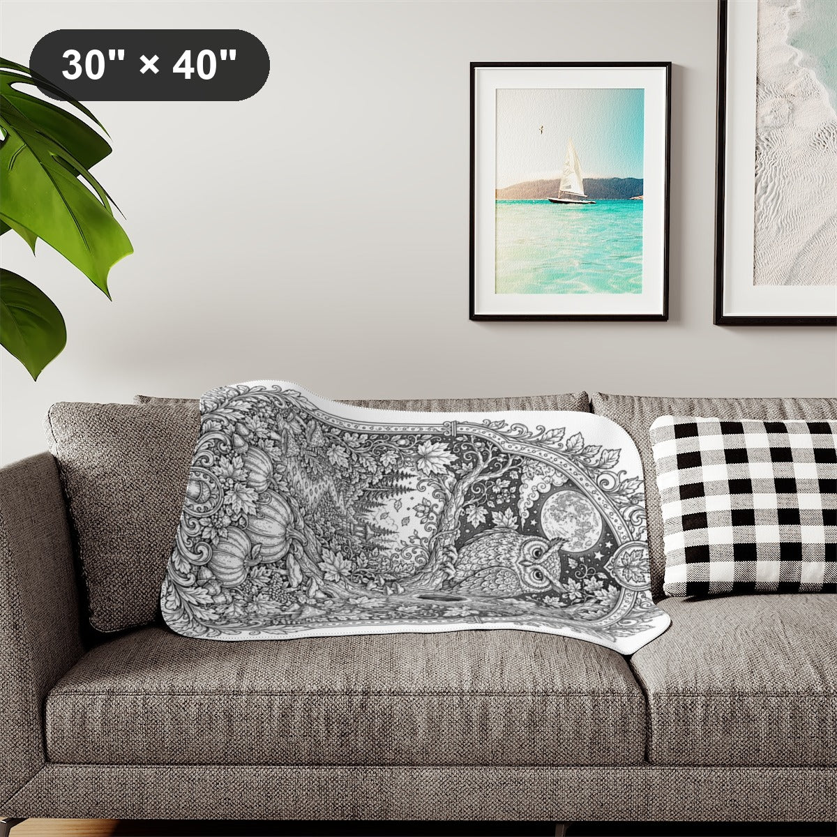 Autumn Moonlit Owl Sherpa Blanket kit shown in a lifestyle mockup - styled in a living room - 30" × 40"