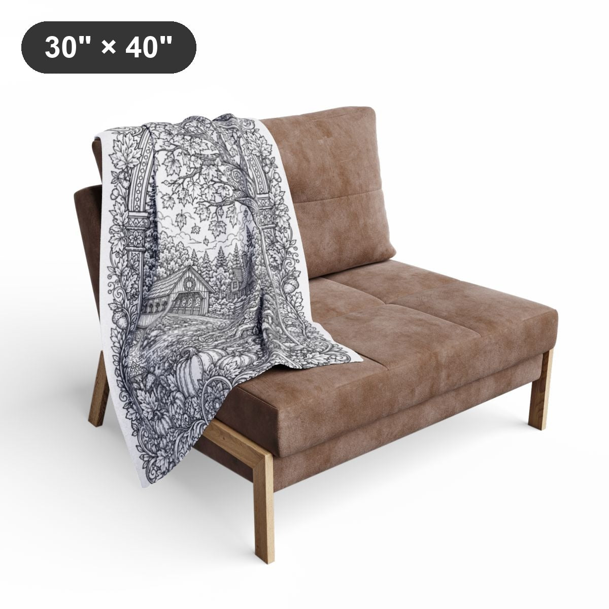 Autumn Covered Bridge Fleece Blanket coloring kit shown in a lifestyle mockup - styled in a living room - 30" × 40"