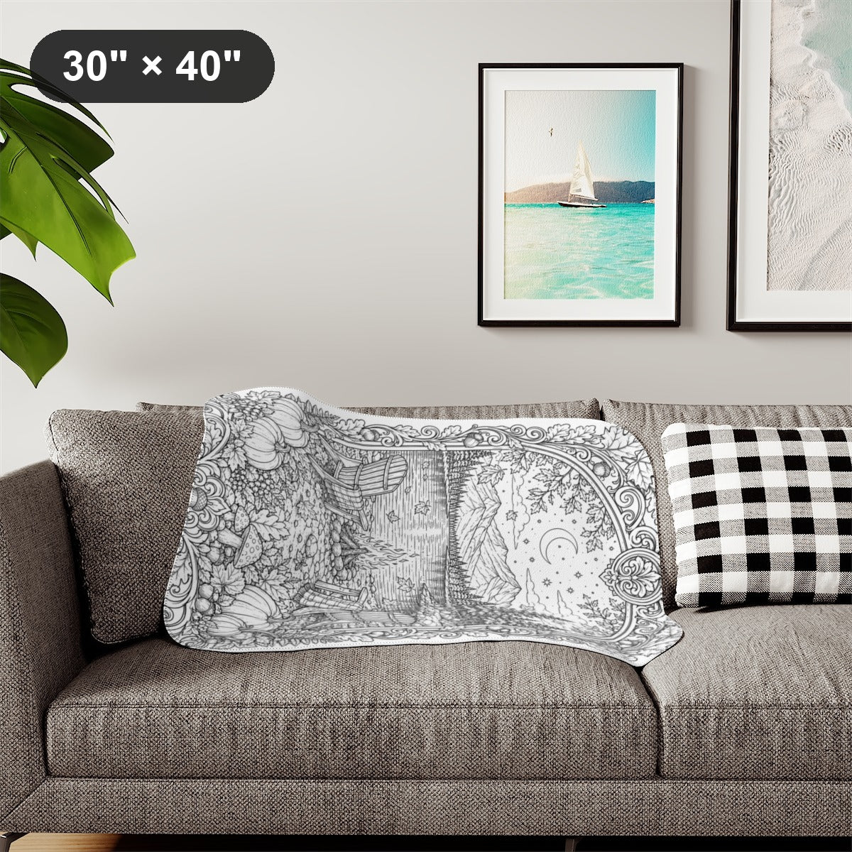Autumn Lakeside Campfire Sherpa Blanket kit shown in a lifestyle mockup - styled in a living room - 30" × 40"
