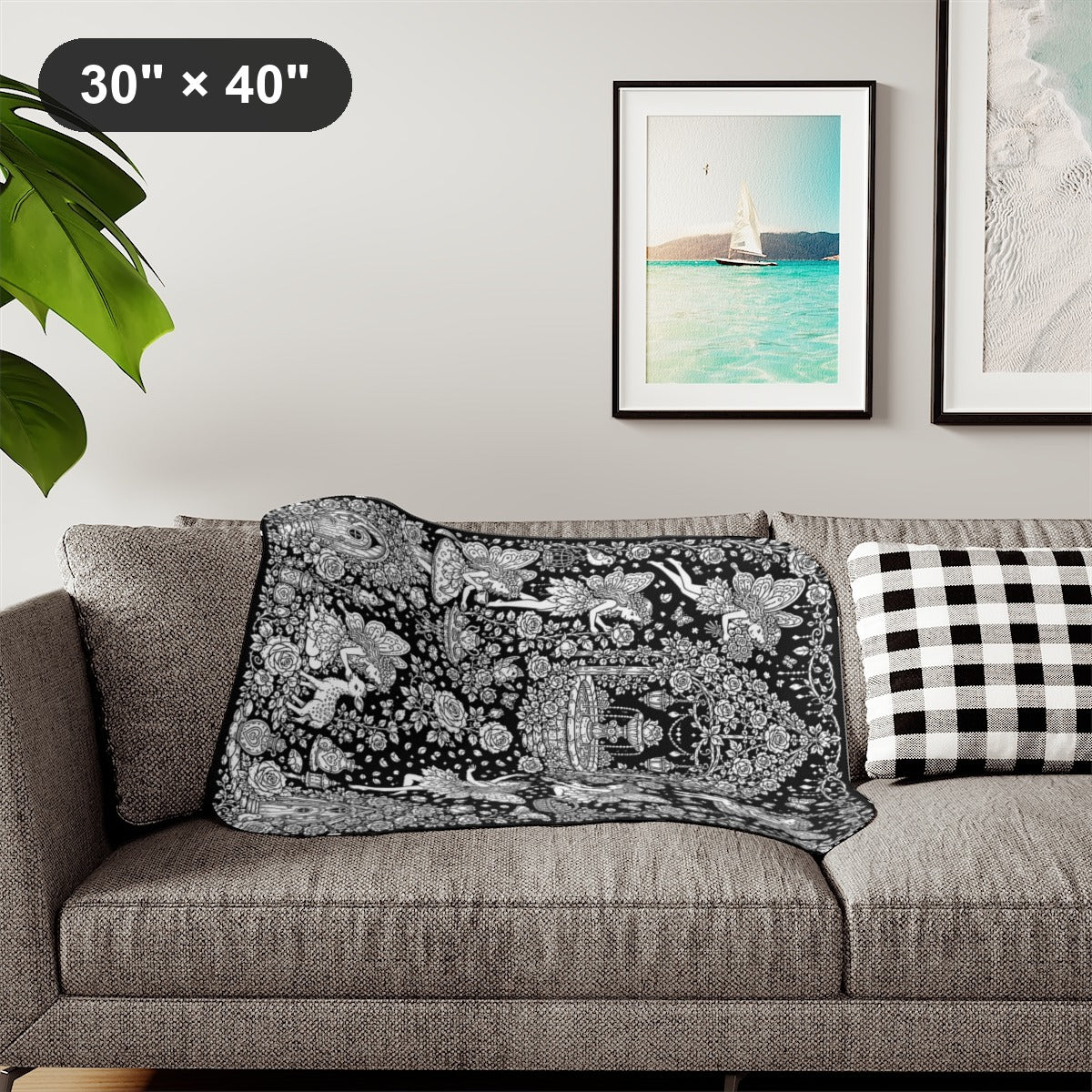 Fairy Rose Garden Sherpa Blanket kit shown in a lifestyle mockup - styled in a living room - 30" × 40"