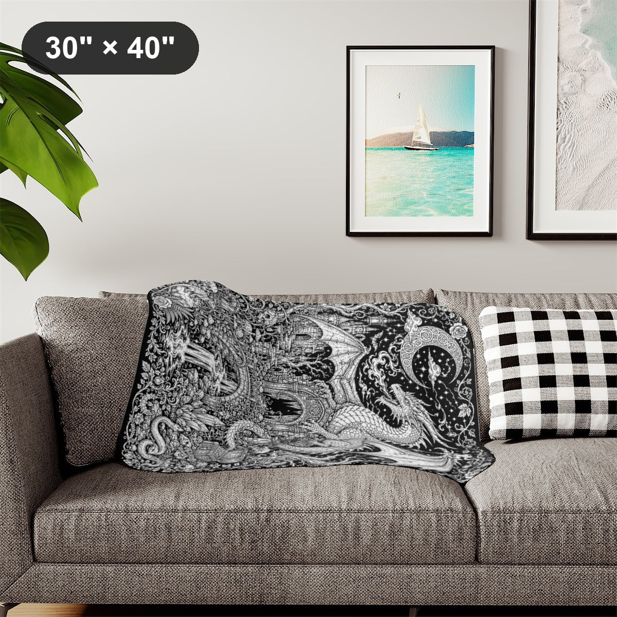 Dragon Castle Treasure Sherpa Blanket kit shown in a lifestyle mockup - styled in a living room - 30" × 40"