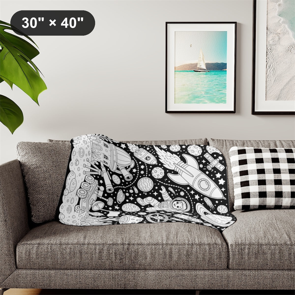 Kids Space Adventure Sherpa Blanket kit shown in a lifestyle mockup - styled in a living room - 30" × 40"