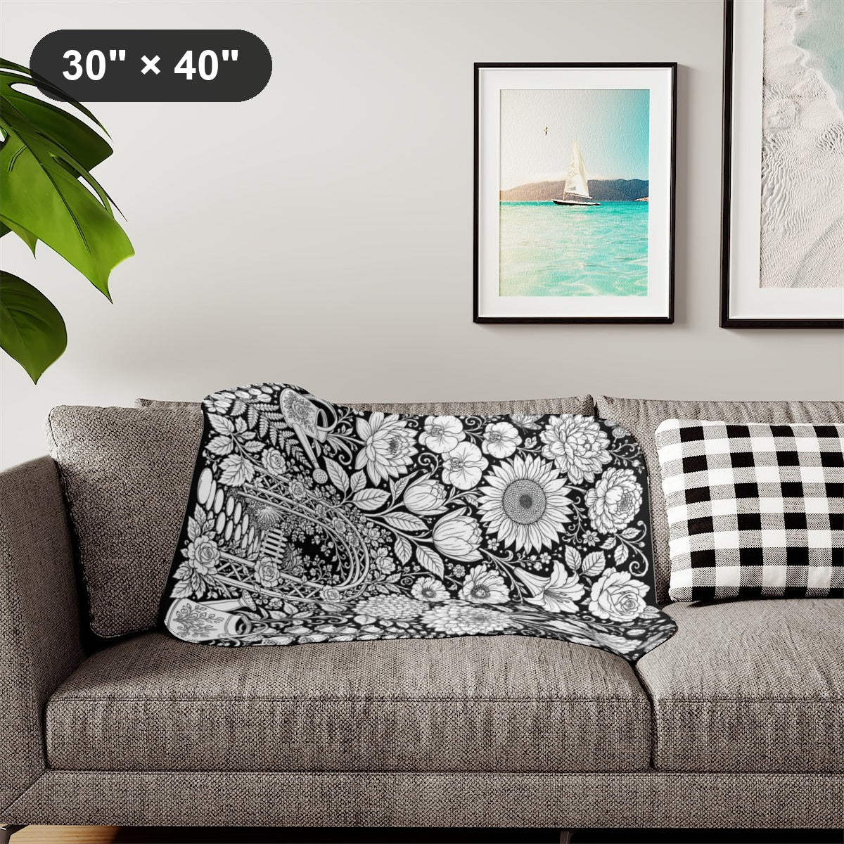 Garden Arbor Blooms Sherpa Blanket kit shown in a lifestyle mockup - styled in a living room - 30" × 40"