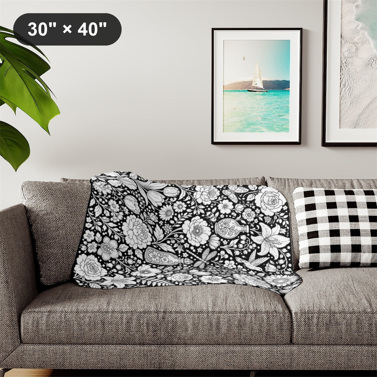 Botanical Garden Sherpa Blanket kit shown in a lifestyle mockup - styled in a living room - 30" × 40"