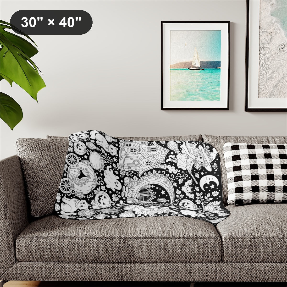 Halloween Witch Magic Sherpa Blanket kit shown in a lifestyle mockup - styled in a living room - 30" × 40"