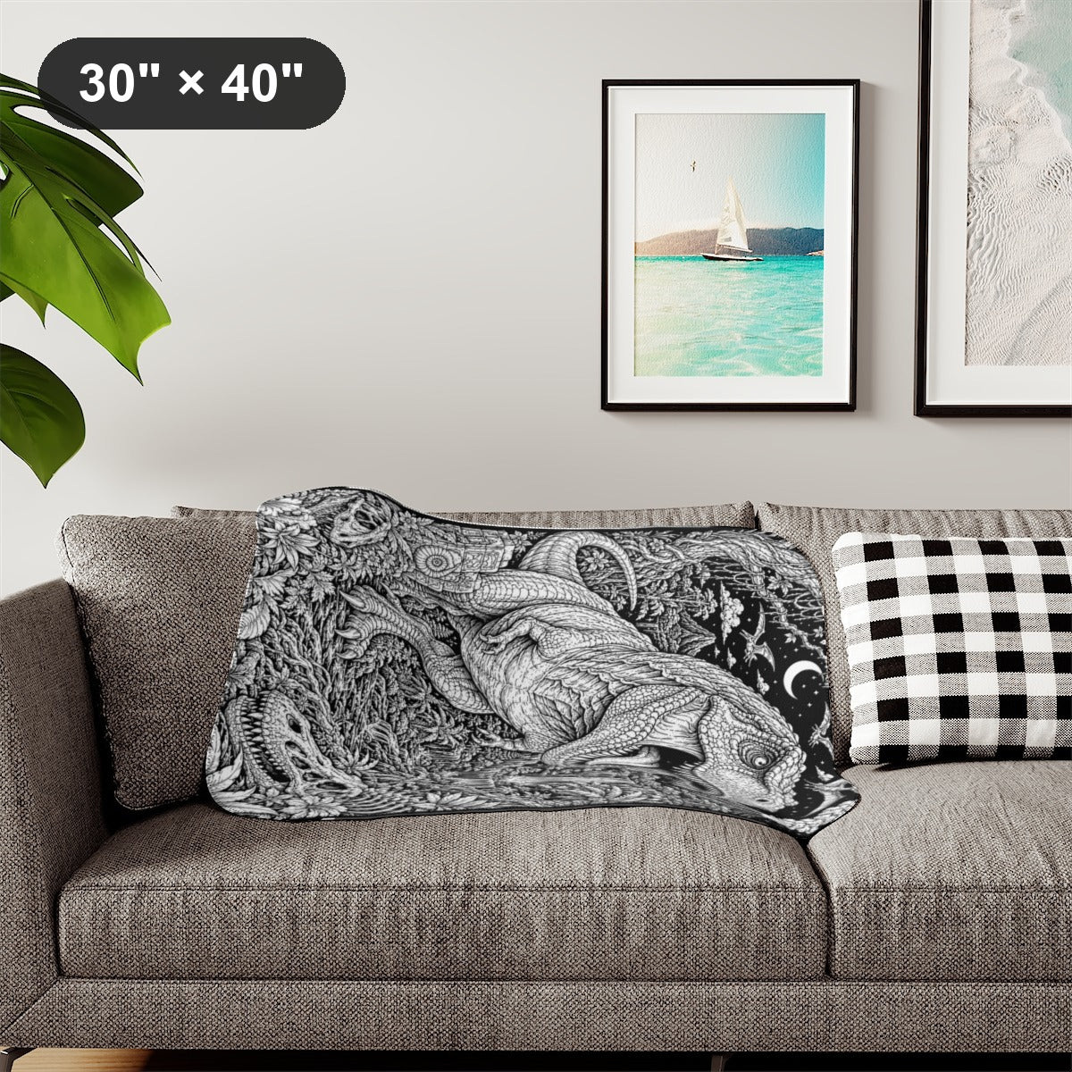 T Rex Rainforest Sherpa Blanket kit shown in a lifestyle mockup - styled in a living room - 30" × 40"