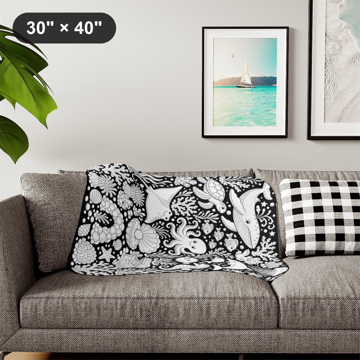 Ocean Reef Friends Sherpa Blanket kit shown in a lifestyle mockup - styled in a living room - 30" × 40"