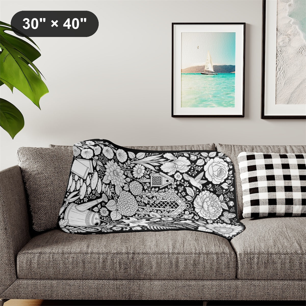 Hummingbird Flower Garden Sherpa Blanket kit shown in a lifestyle mockup - styled in a living room - 30" × 40"