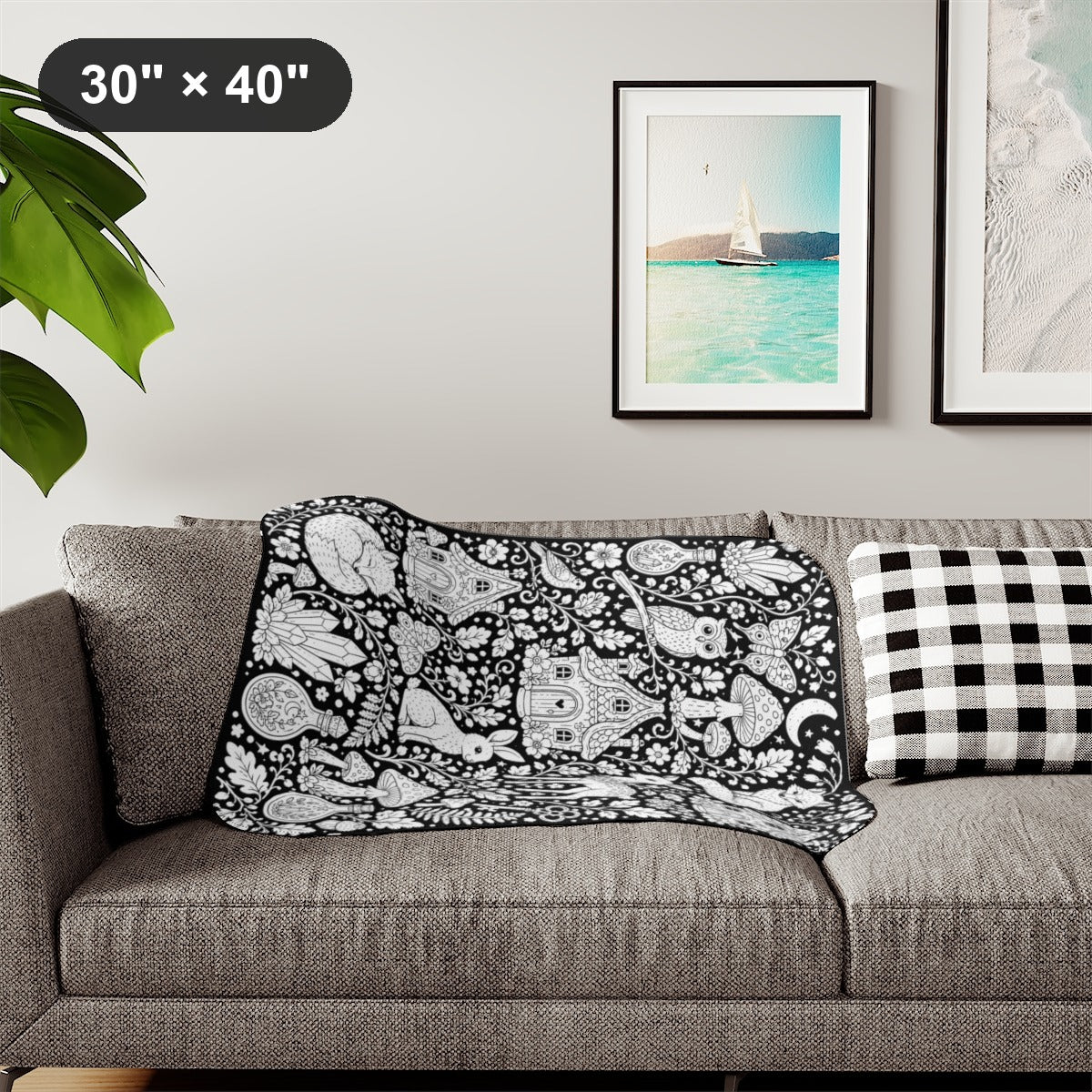 Enchanted Woodland Sherpa Blanket kit shown in a lifestyle mockup - styled in a living room - 30" × 40"