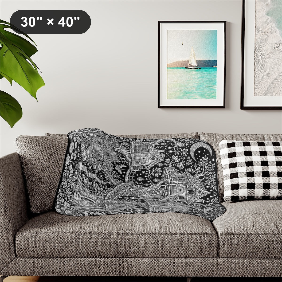 Moonlit Fairy Treehouse Village Sherpa Blanket kit shown in a lifestyle mockup - styled in a living room - 30" × 40"