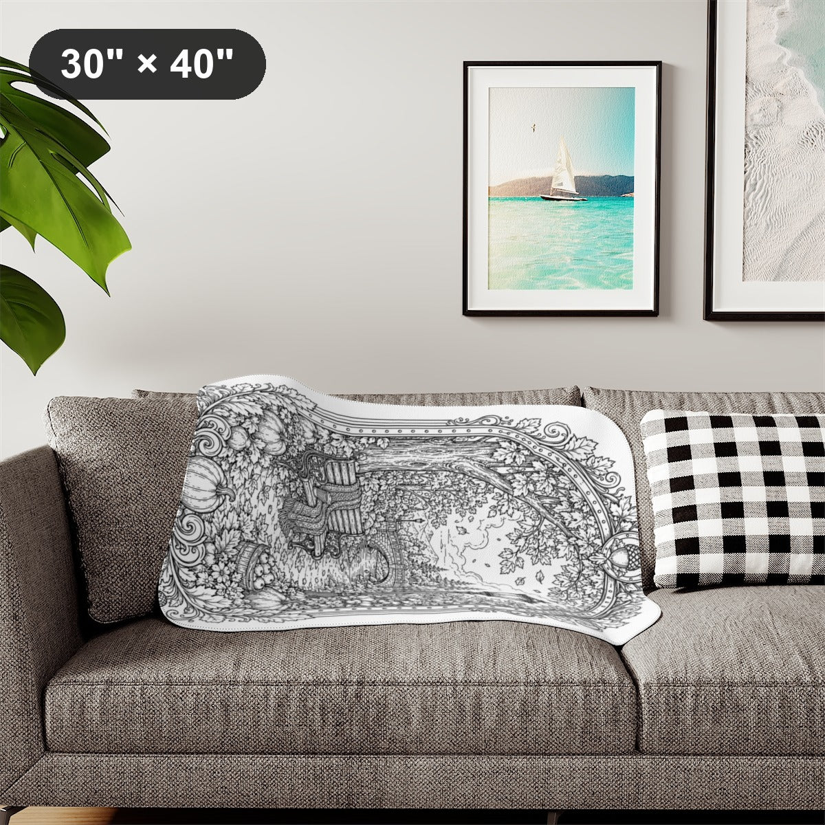 Autumn Park Bench Sherpa Blanket kit shown in a lifestyle mockup - styled in a living room - 30" × 40"