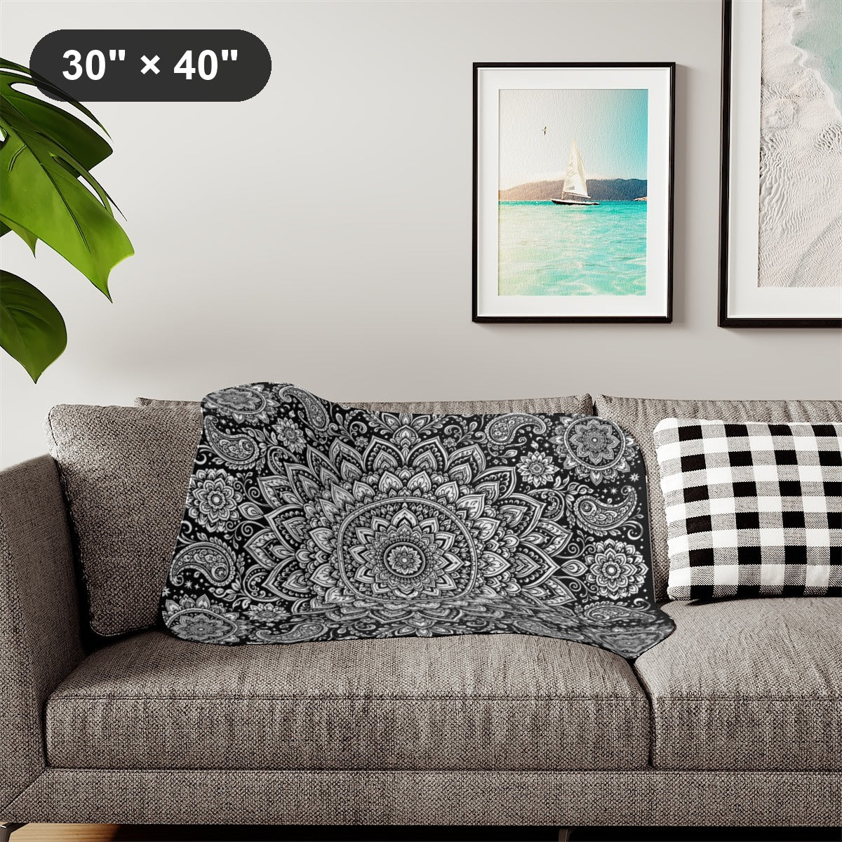 Paisley Flower Mandala Sherpa Blanket kit shown in a lifestyle mockup - styled in a living room - 30" × 40"