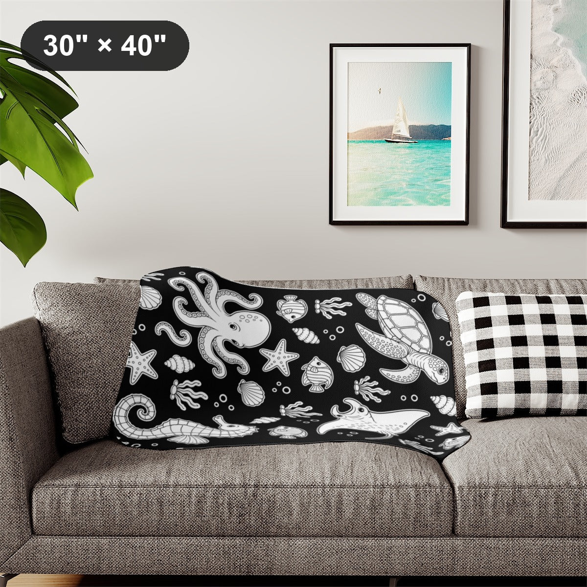 Ocean Friends Sherpa Blanket kit shown in a lifestyle mockup - styled in a living room - 30" × 40"