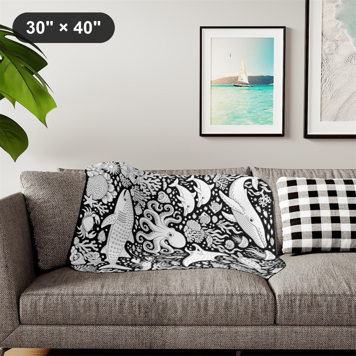 Ocean Wildlife Coral Reef Sherpa Blanket kit shown in a lifestyle mockup - styled in a living room - 30" × 40"