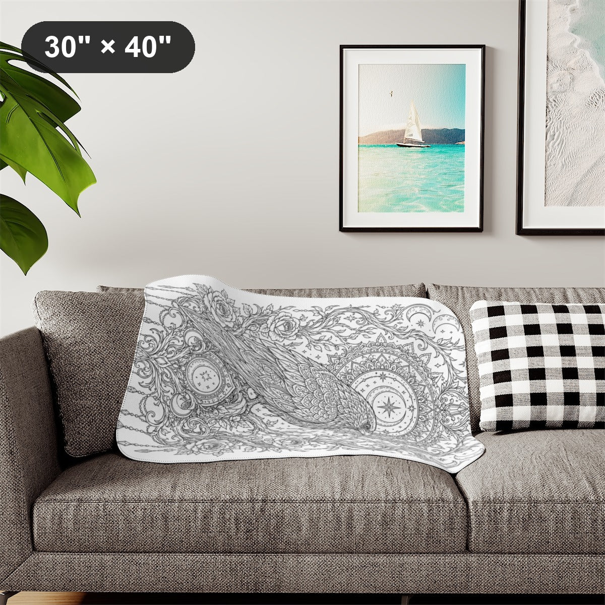 Celestial Raven Moon Garden Sherpa Blanket kit shown in a lifestyle mockup - styled in a living room - 30" × 40"