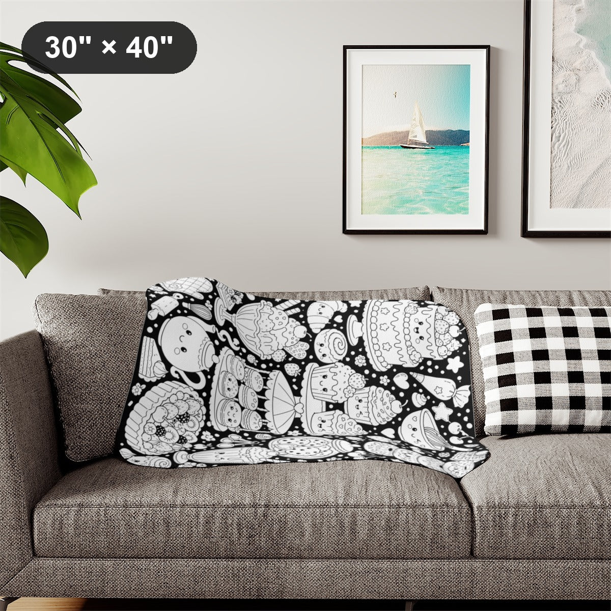 Kawaii Sweet Treats Sherpa Blanket kit shown in a lifestyle mockup - styled in a living room - 30" × 40"