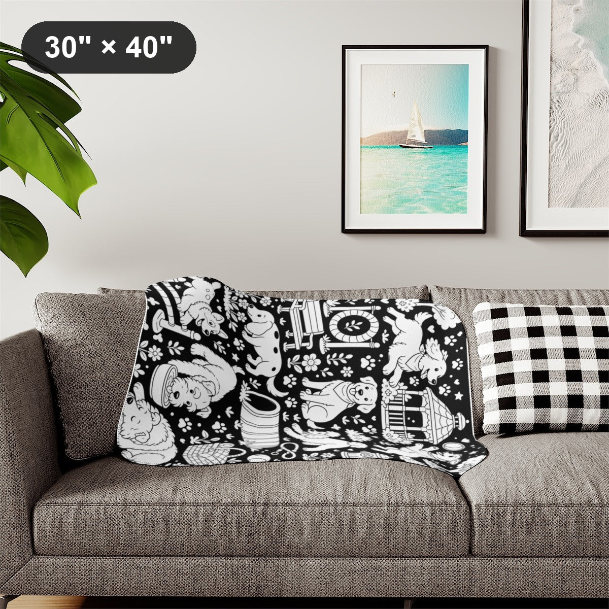 Dog Park Puppies Sherpa Blanket kit shown in a lifestyle mockup - styled in a living room - 30" × 40"