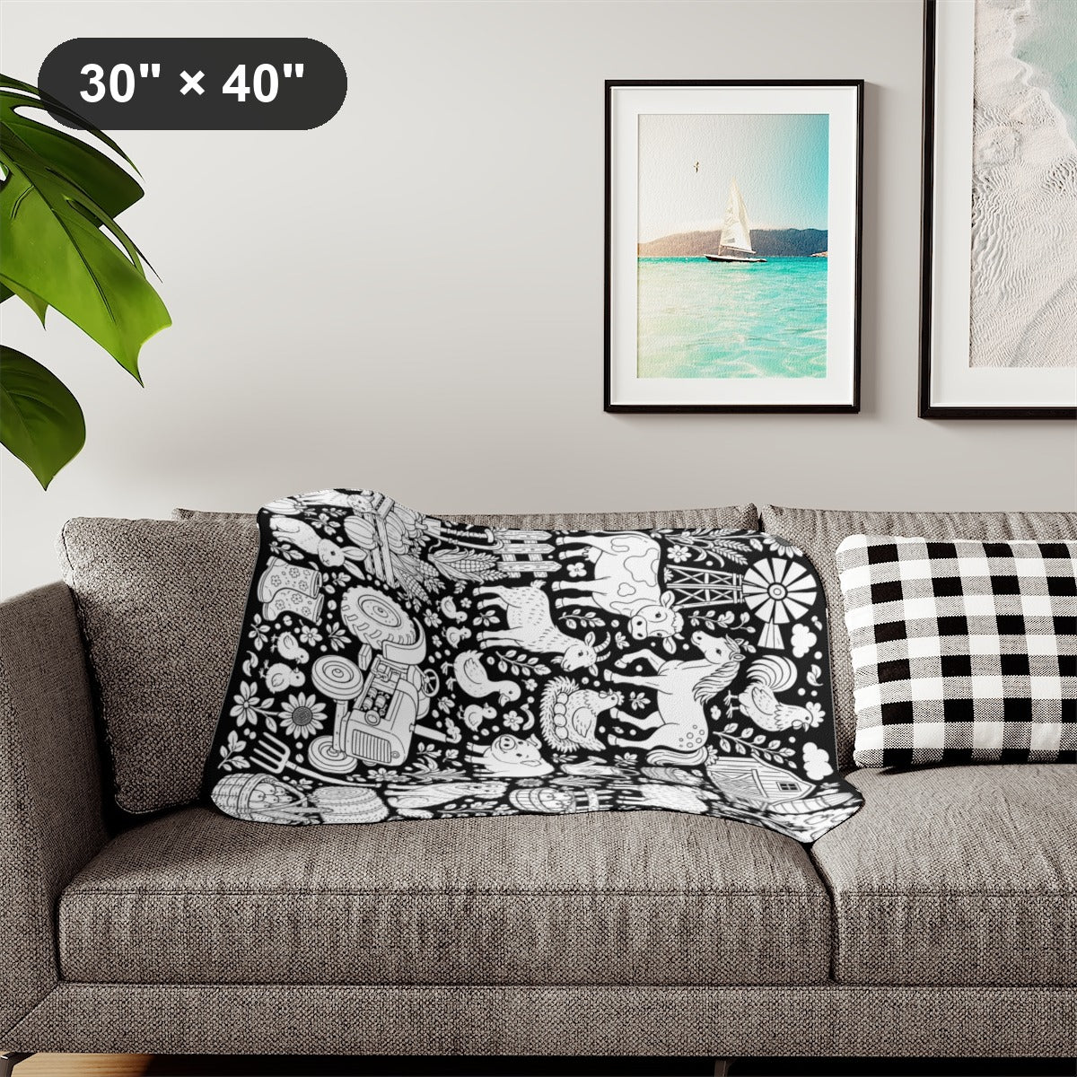 Farmyard Friends Harvest Sherpa Blanket kit shown in a lifestyle mockup - styled in a living room - 30" × 40"