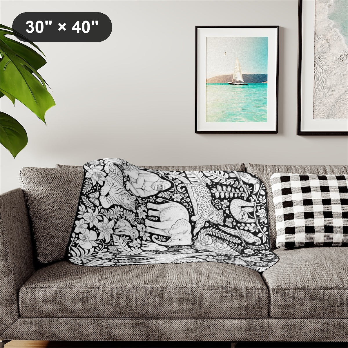 Tropical Jungle Safari Sherpa Blanket kit shown in a lifestyle mockup - styled in a living room - 30" × 40"