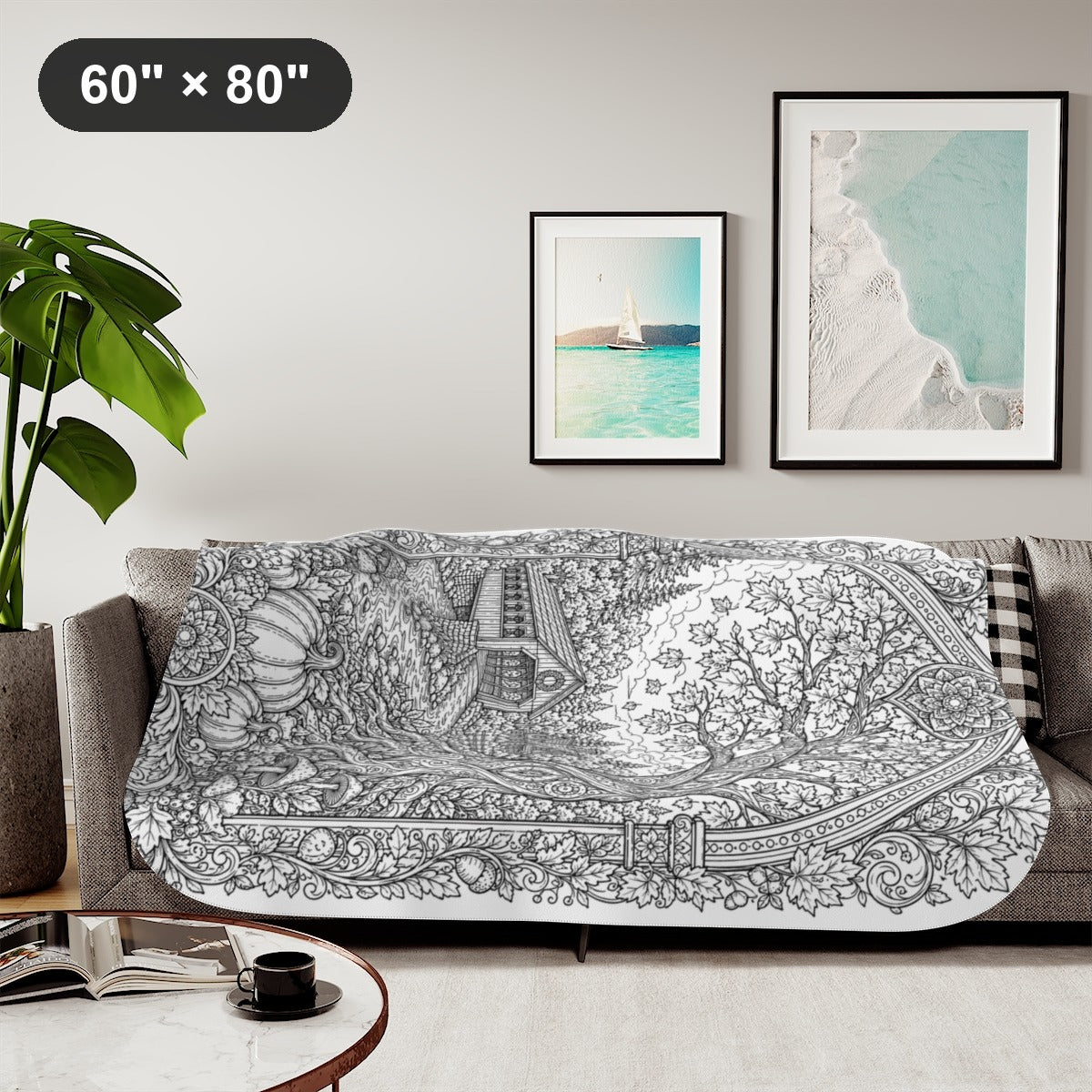 Autumn Covered Bridge Sherpa Blanket coloring kit shown in a lifestyle mockup - styled in a living room - 60" × 80"