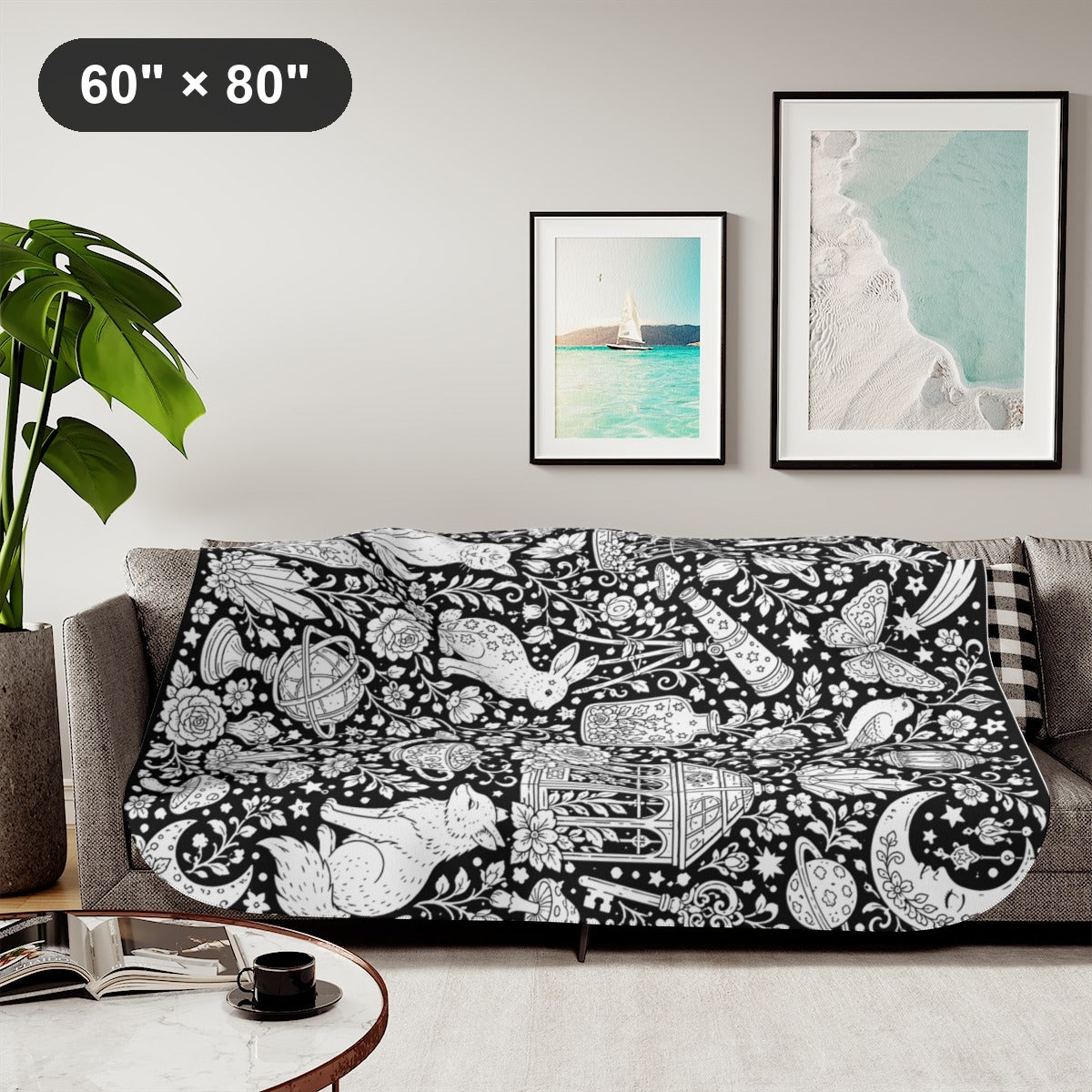 Celestial Fantasy Sherpa Blanket kit shown in a lifestyle mockup - styled in a living room - 60" × 80"
