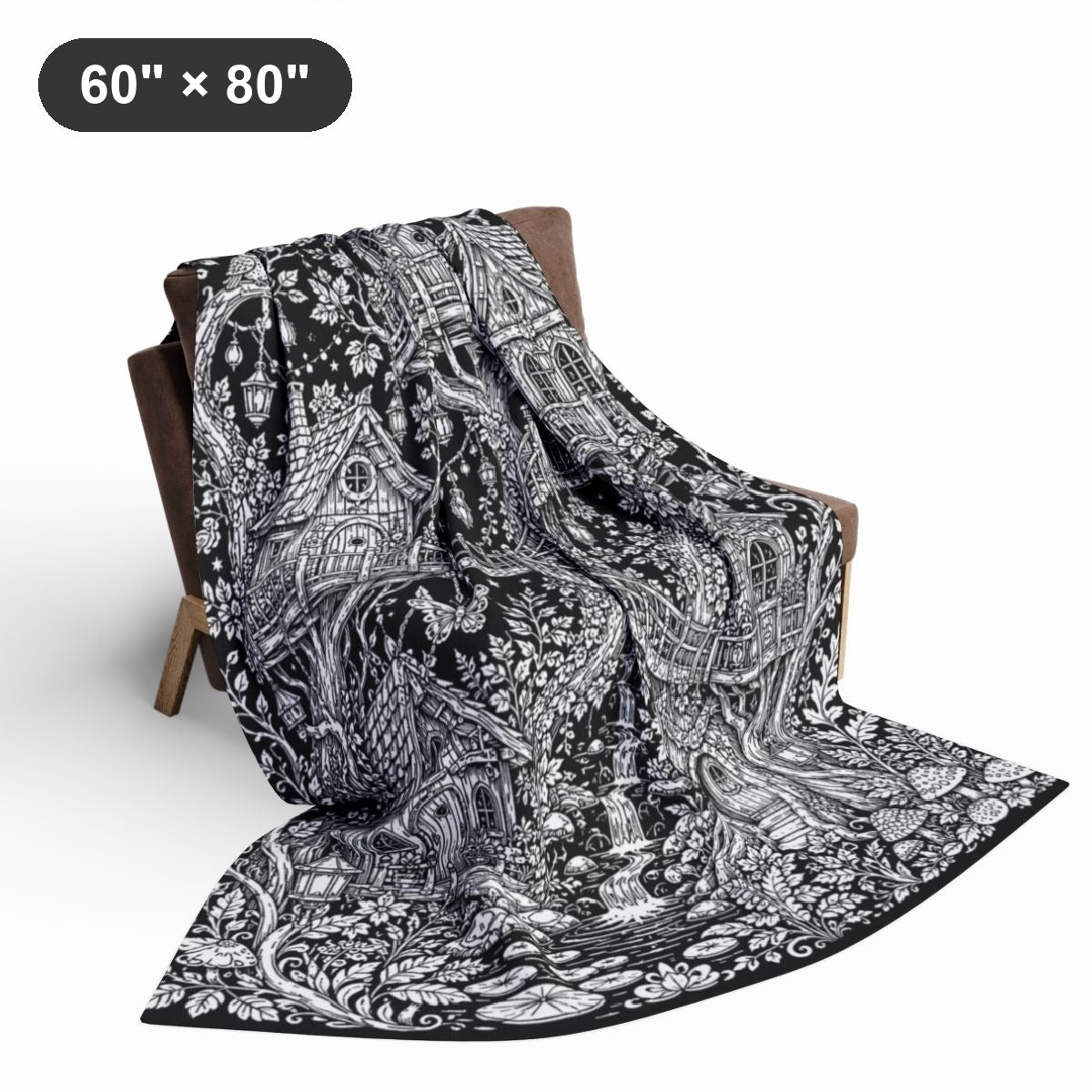 Moonlit Fairy Treehouse Village Fleece Blanket kit shown in a lifestyle mockup - styled in a living room - 60" × 80"