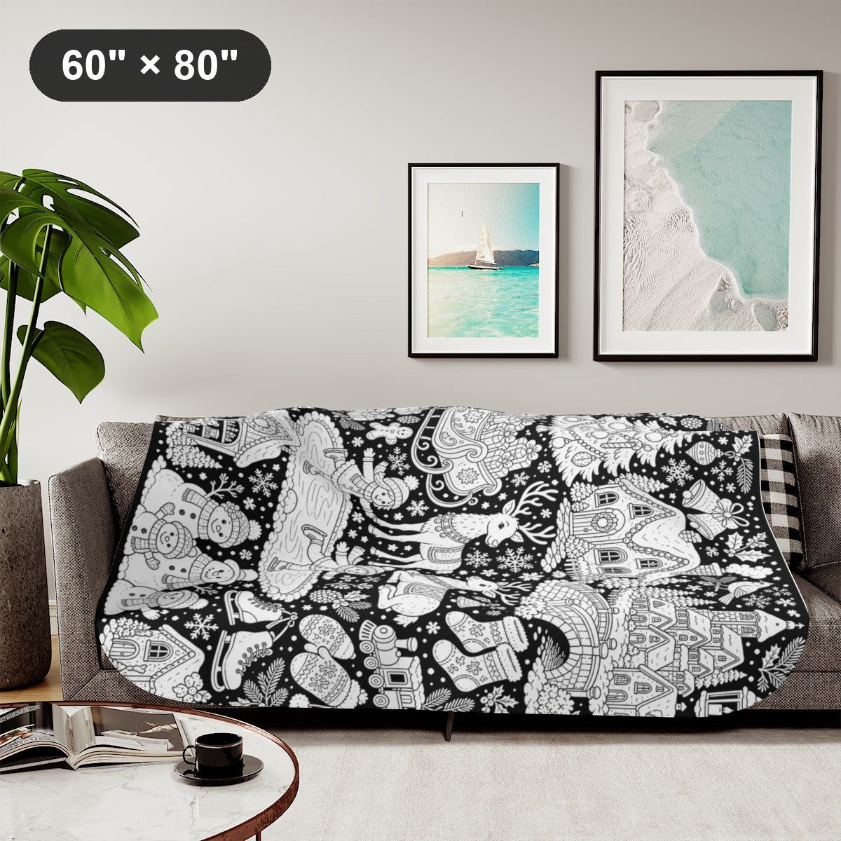 Christmas Winter Wonderland Sherpa Blanket kit shown in a lifestyle mockup - styled in a living room - 60" × 80"