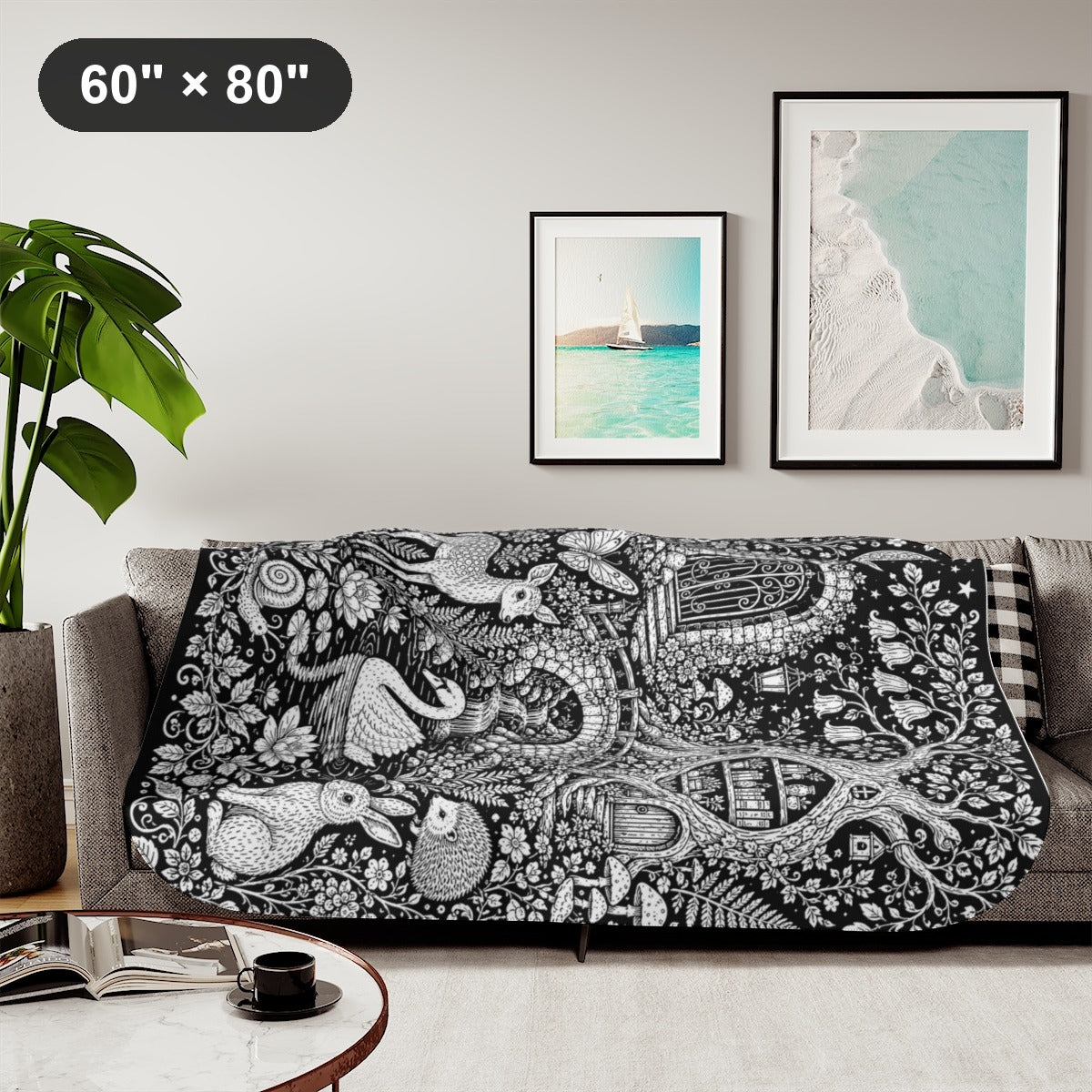 Moonlit Woodland Pond Sherpa Blanket kit shown in a lifestyle mockup - styled in a living room - 60" × 80"