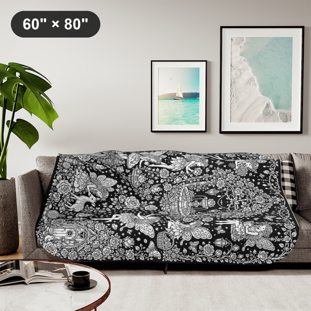 Fairy Rose Garden Sherpa Blanket kit shown in a lifestyle mockup - styled in a living room - 60" × 80"