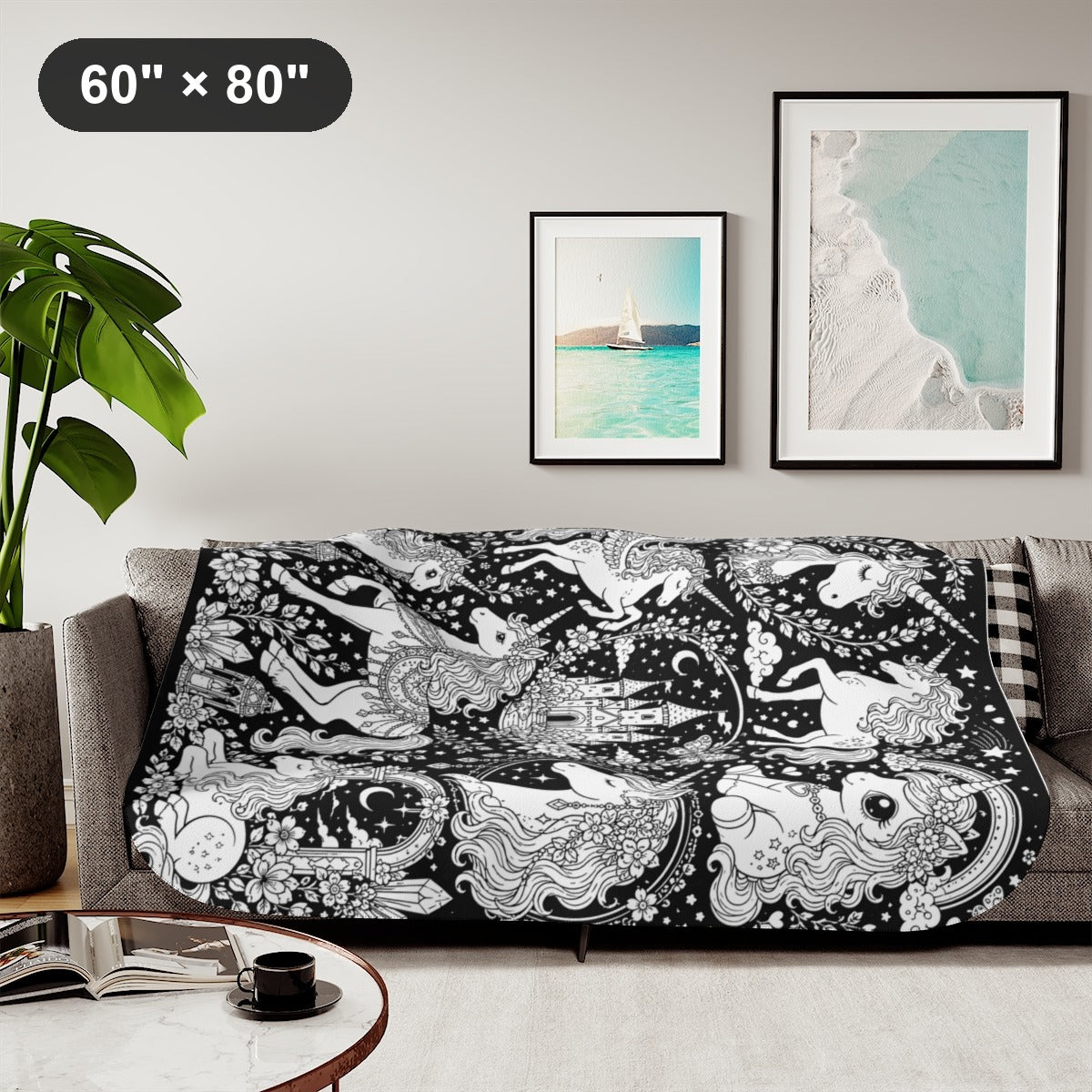 Rainbow Unicorn Dreamscape Sherpa Blanket kit shown in a lifestyle mockup - styled in a living room - 60" × 80"
